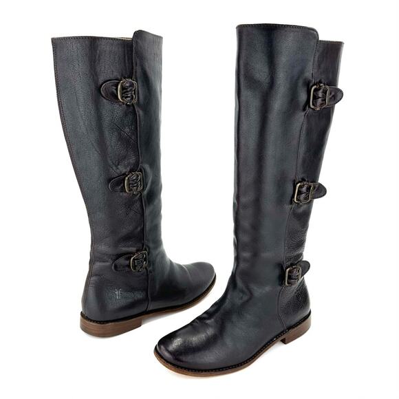 Frye Black Tall Boots Size 6.5 Leather Round Toe Low Block Heel Pull-On Style - Picture 1 of 15